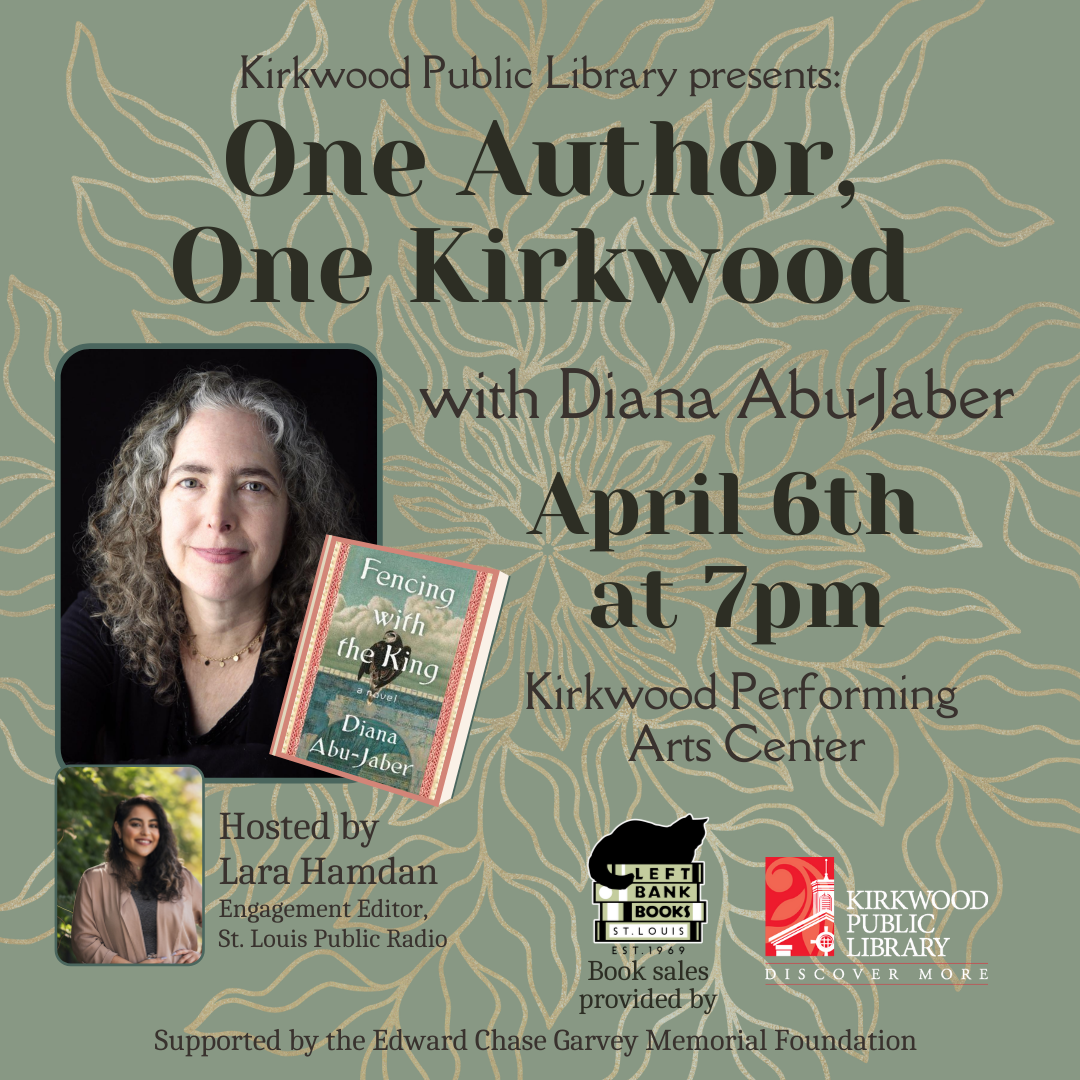 Image has a background with a picture of the author, Diana Abu-Jaber & host Lara Hamdan. Announces the date of event on April 6th and time at 7PM at Kirkwood Performing Arts. Then includes Left Bank Books as place to buy books.