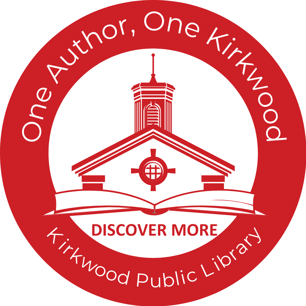 Image is the logo for One Author, One Kirkwood. The image is a red circle with a white center. Inside the center is an outline of the Kirkwood Public Library building over an open book. Under the book the text reads, "Discover More." In the red outer circle there is white text that follows along the top of the circle that reads, "One Author, One Kirkwood." and along the bottom of the circle it reads, "Kirkwood Public Library."