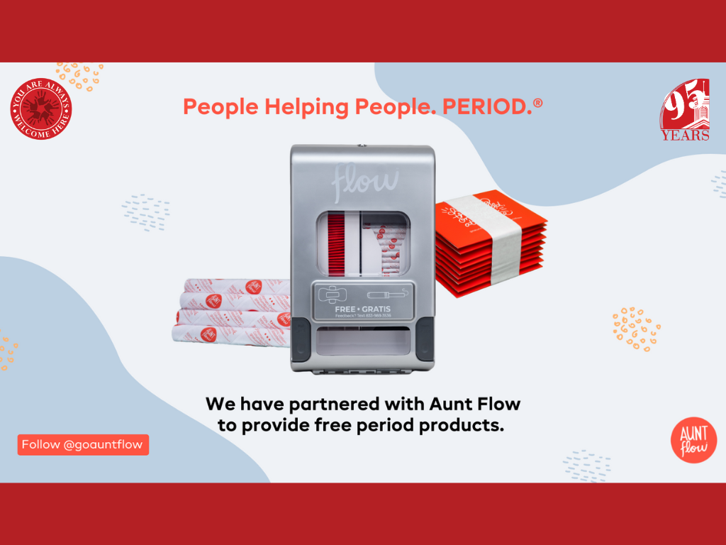 Image is of an Aunt Flow Model E machine, dispensing both tampons and pads. One side is pads, the other is tampons. The text above the machine and products reads, "People Helping People. Period." And the text below the machine reads "We have partnered with Aunt Flow to provide free period products." The logo in the upper left hand corner is a red circle with hands in the center and text around the edges of the circle that reads, "You are always welcome here." And the Kirkwood Public Library logo is in the upper right hand corner that has a giant "95" over a white image of the library with "years" written under the library image. A red circle is in the bottom right hand corner and reads "aunt flow" for their logo. In the bottom left-hand corner is a red rectangle and in the center is the text "follow @auntflow."