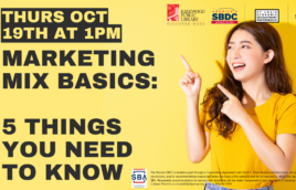 Image of a woman in a yellow tshirt on a yellow background pointing to the print. The print says, "Thurs oct 19th at 1PM. Marketing Mix Basics: 5 Things You need to Know." There are logos across the top. One is the Kirkwood public library logo in red and black, the next is a blue and red SBDC logo, and then the St. Louis Economic Development Partnership in white and black, and the SBA Small Business Administration in red and blue. Below that in very small print it reads, "The Missouri SBDC is funded in part through a Cooperative Agreement with the U.S. Small Business Administration. All opinions, conclusions, and/or recommendations expressed herein are those of the author(s) and do not necessarily reflect the views of the SBA. Reasonable accommodations for persons with disabilities will be made if requested at least two weeks in advance. Contact Colleen Mulvihill at cmulvihill@stlpartnership.com or 314-615-7694."