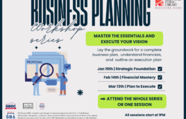 Tall dark blue text at the top reads "business Planning" with smaller cursive writing of "workshop series" below. There are two columns below the text. To the left is an image of two people with a magnifying glass next to a stack of oversized papers that say "Proposal". On the right is a green box with dark blue text that says "master the essentials and execute your vision." The below that it reads, "Lay the groundwork for a complete business plan, understand financials, and outline an execution plan." "Jan 10th | Strategic Foundation" with a blue checkmark next to it. "Feb 14th | Financial Mastery" with a blue checkmark next to it. "Mar 13th | Plan to Execute" with a blue checkmark next to it. In a green box it says "Attend the whole series or one session" and then below that it says "All sessions start at 1PM. and kirkwoodpubliclibrary.org" There are logos below the image on the left. One is a blue and red SBDC logo, and then the St. Louis Economic Development Partnership in white and black, and the SBA Small Business Administration in red and blue. Below that in very small print it reads, "The Missouri SBDC is funded in part through a Cooperative Agreement with the U.S. Small Business Administration. All opinions, conclusions, and/or recommendations expressed herein are those of the author(s) and do not necessarily reflect the views of the SBA. Reasonable accommodations for persons with disabilities will be made if requested at least two weeks in advance. Contact Colleen Mulvihill at cmulvihill@stlpartnership.com or 314-615-7694."