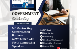 A rectangular image with a cut out image on the right. The image is a person stamping an official document at a table. To the right is an image of a cartoon person holding a contract next to a building and in the upper left hand corner it says Government Contracting with the sba logo in the bottom left hand corner. Below this image is the text, "Government Contracting. May 21st at 10AM." Below that it says, "MO Contracting Corner: Doing Business w/Whiteman AFB 509th Contracting Squadron." To the right of that text there is all caps text that says, "AGENDA:" with 5 checkmarks below. Next to each of the five checkmarks is the text, "What we buy. How we buy. How does this impact me. How to win a contract. Current IDIQs." Below that it says, "LIVE! At the Kirkwood Public Library for a virtual presentation on the big screen! You will be able to ask questions in person. April 24th at 10AM." With a Kirkwood Public Library logo in the bottom right hand corner.