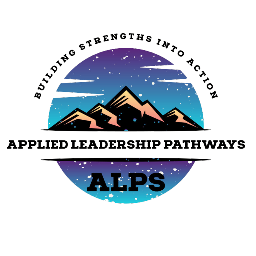 A circular logo with brown shadowy mountains in the center and purple blue sky above. There are white clouds and white fleck of snow in the sky. Below the mountains is purple and blue sky with white flecks of snow in it. At the top around the circle it says "Building Strength into action." In the center across the mountains it says, "Applied Leadership Pathways." and underneath in the sky below the mountains it says "ALPS."