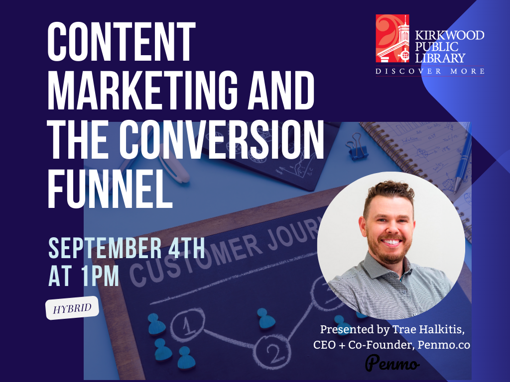 Image is a navy blue background with a faded image that says "Customer Journey Map" with steps and little people icons. The wording over the image is in white and reads "Content Marketing & The Conversion Funnel. September 4th at 1PM. Hybrid." There is a kirkwood public library logo in the upper right-hand corner.